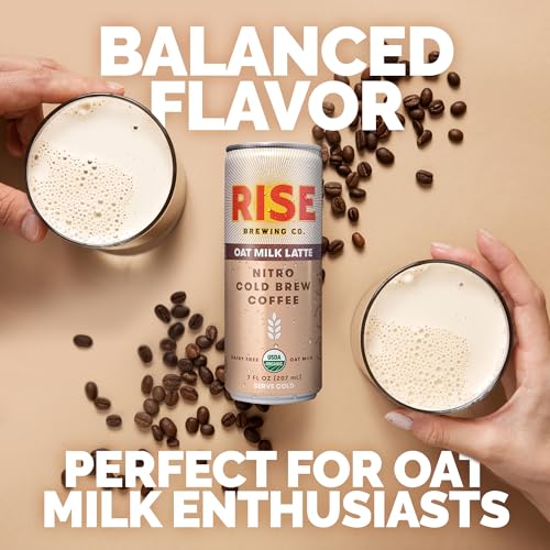 RISE Brewing Co. Oat Milk Nitro Cold Brew Latte, No Sugar Added, Vegan, Organic & Non-GMO, Low Acidity, 7 fl. oz. Cans (12 Pack)