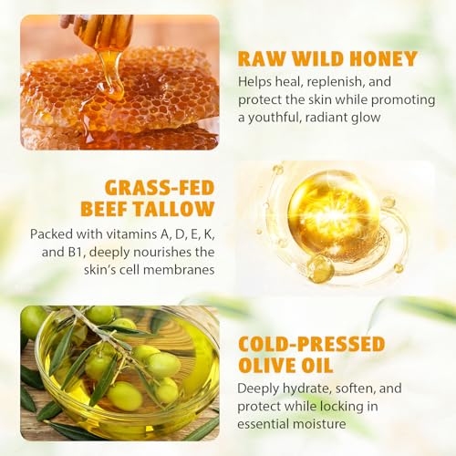 Beef Tallow and Honey Balm for Skin, Organic Grass-fed Whipped Beef Tallow Balm With Raw Honey for Face Natural Moisturizer Body Lotion, Skin Care Lip (2.1Oz)