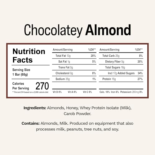 Rise Whey Protein Bars - Chocolatey Almond | Breakfast Bar & Protein Snack 15g Protein 5g Fiber Just 4 Whole Food Ingredients Gluten-Free Soy Free