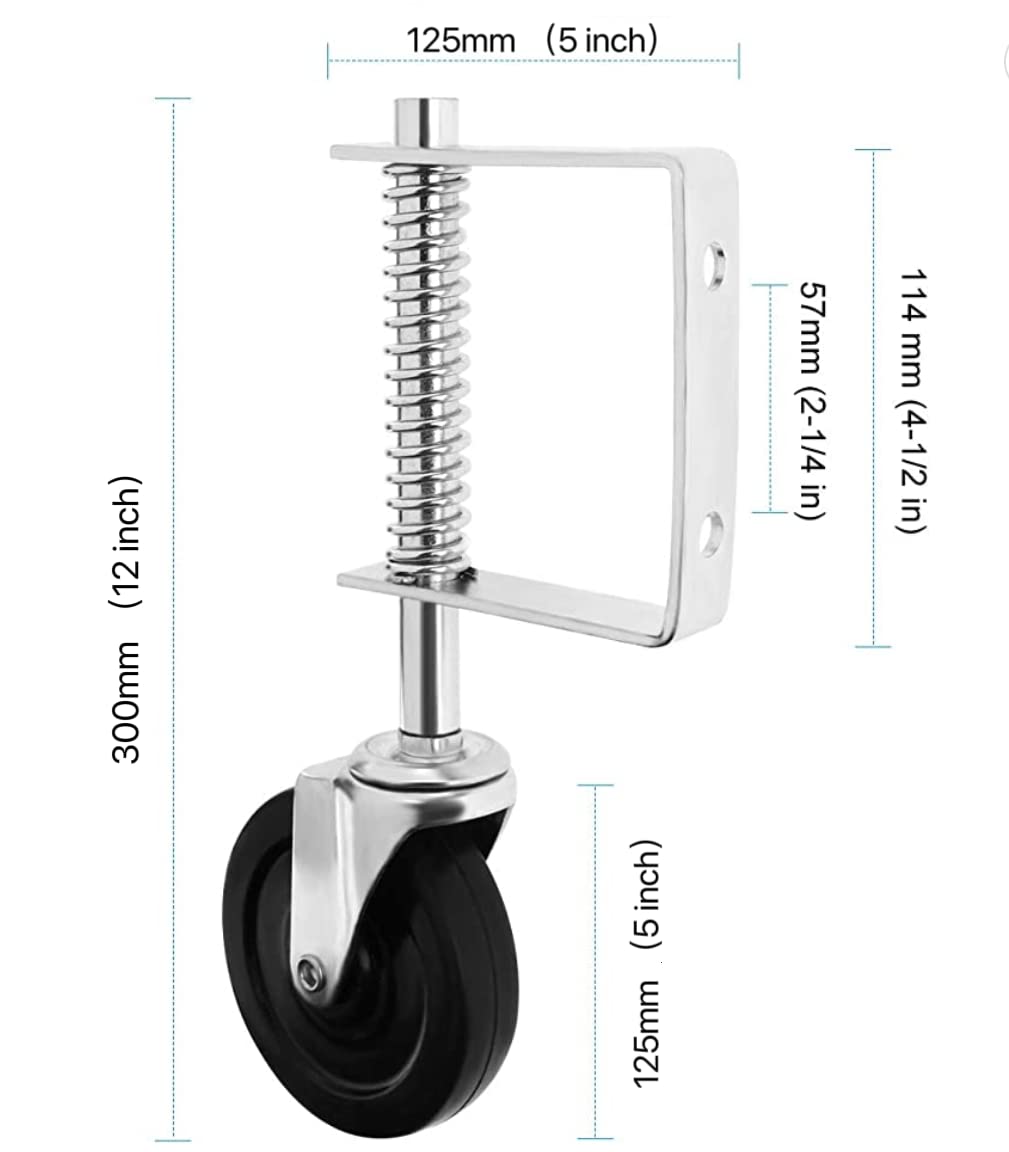 gate Wheel for Wooden gate and Fence 4”and 5", Heavy Duty Gate Caster Wheel with Spring Loaded,Universal Mount Pate, 250-500 lbs Load Capacity, 4 and 5 Inches Rubber Wheel (5 inch with Brake, 1 pcs)