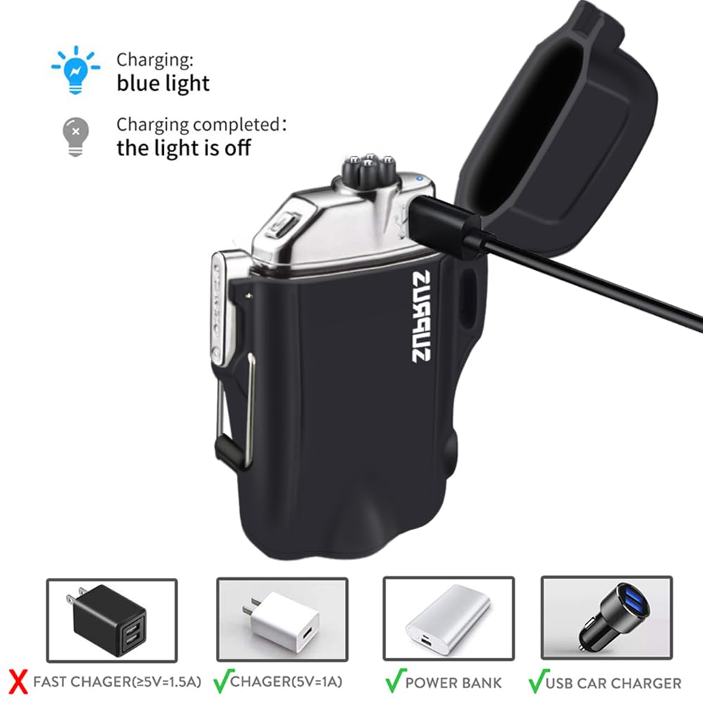 SUPRUS Waterproof 3 Modes of Flashlight Windproof Lighter Dual Arc Electric Rechargeable Dual Arc Plasma Lighters with Survival Emergency Whistle and Lanyard (Black,2 Packs)