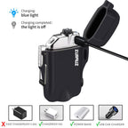 SUPRUS Waterproof 3 Modes of Flashlight Windproof Lighter Dual Arc Electric Rechargeable Dual Arc Plasma Lighters with Survival Emergency Whistle and Lanyard (Black,2 Packs)