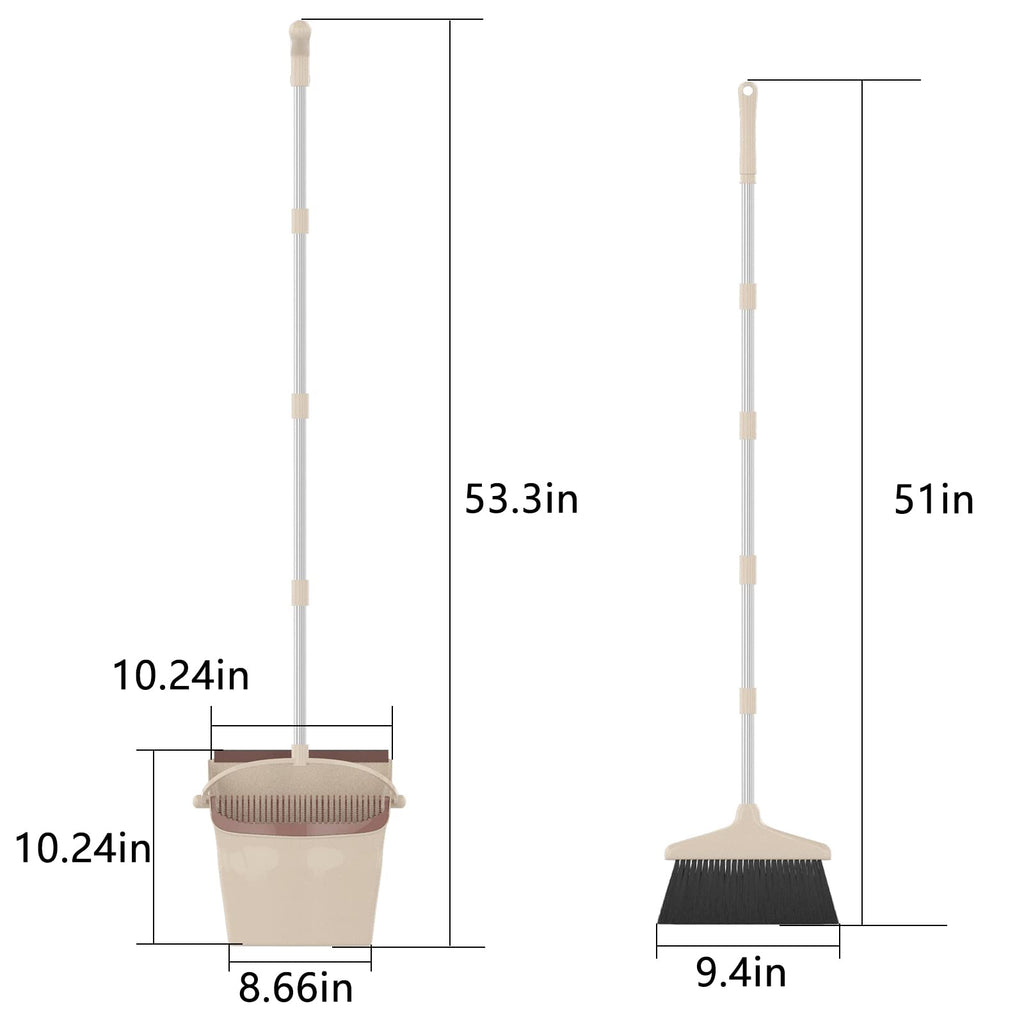 Broom and Dustpan Combo Set with Long Handle (54” L) Angle Broom Dust Pan for Home Kitchen Indoor Cleaning (Brown and Beige)