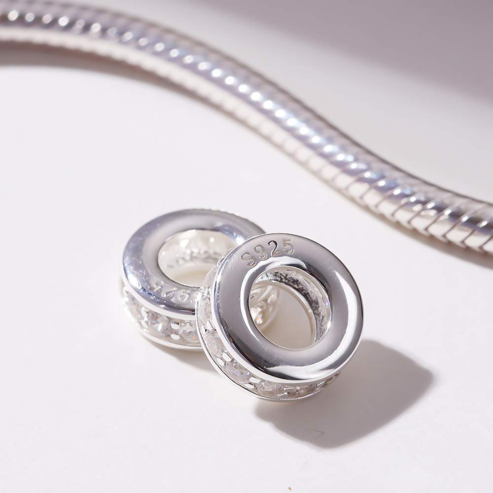 925 Sterling Silver Spacer Charm Bead for Pandora Charms Bracelets (4pcs Clear CZ Stoppers)
