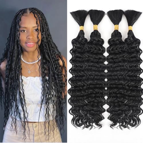 Deep Wave Bulk Hair For Braiding Hair 18inch 300g Wet And Wavy No Weft Quality Synthetic Hair Braiding Extensions For Boho Braids Natural Color 4 Bundles/Pack