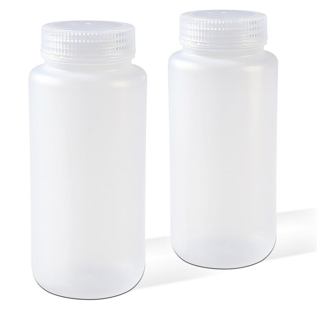 DEMORA 16 oz Plastic Bottles with Lids, Airtight Refillable Wide Mouth Travel Bottles for Toiletries, HDPE Food Grade Plastic Containers for Liquids Pill Water Sample Lab Reagent (Translucent, 2 Pcs)