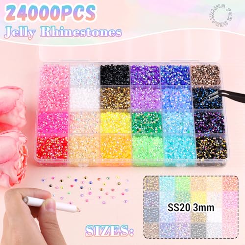 24000Pcs Resin Rhinestones with Tweezers for Crafting, Multi Colors 3mm Non Hotfix Flatback Gems, Bedazzling Crystal for DIY Crafts Clothing Tumblers Mugs Shoes Decor Nail Art