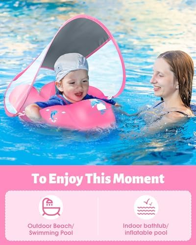 LAYCOL Baby Swimming Float Inflatable Baby Pool Float Ring with Sun Protection Canopy,add Tail no flip Over for Age of 3-36 Months