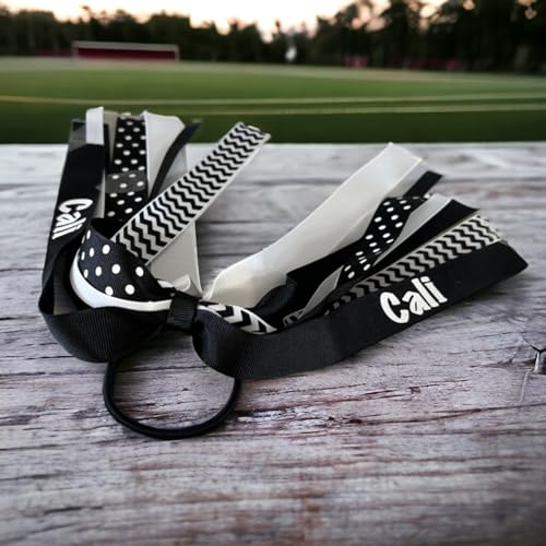 Sports Name Ponytail Bows, Customizable Cheer Streamer, Red Black White, Track Cross Country and Volleyball Hair Ties with School Name