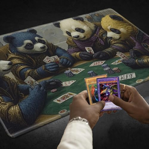 Playmats for Magic: The Gathering MTG Card Game Mat Plus 50 Pcs Card Sleeves, 24 x 14 inch TCG Mat with Stitched Edge for Commander Deck Duskmourn Board Game, Pandas Play Poker
