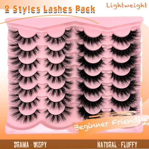 False Lashes Mink Natural Look Faux Mink Wispy Lashes Cat Eye C Curl Strip Eyelashes Book 3D Fluffy Flase Eyelashes Pack 2 Styles