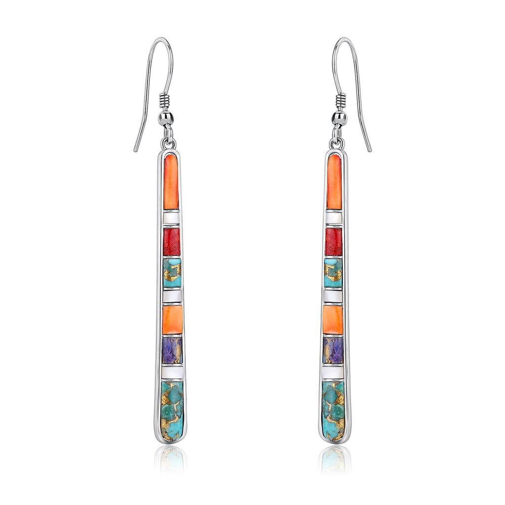 Phyonio Turquoise Earrings for Women 925 Sterling Silver Multicolor Gemstones Dangle Earrings Bohemian Style Statement Bar Earrings Dangle Earrings for Women Summer Earrings Valentines Gifts