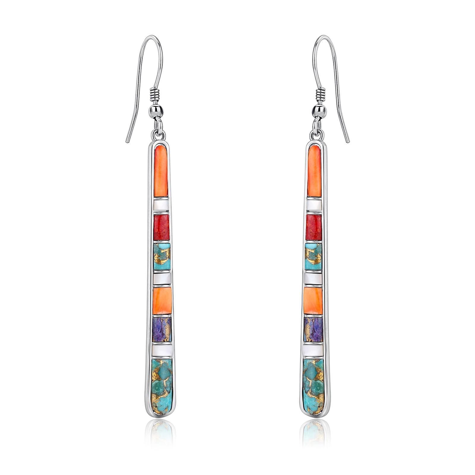 Phyonio Turquoise Earrings for Women 925 Sterling Silver Multicolor Gemstones Dangle Earrings Bohemian Style Statement Bar Earrings Dangle Earrings for Women Summer Earrings Valentines Gifts