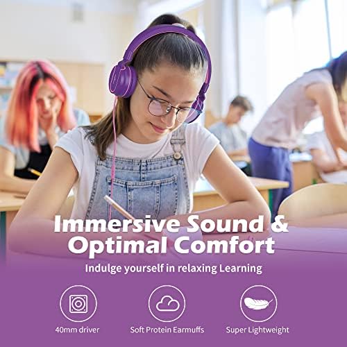 Kids Headphones, AILIHEN I35 On-Ear Headphones for School, Safe Volume 93dB, HD Mic Stereo Headphone for Kid Girls Children, Foldable Wired 3.5mm for Chromebook, Laptop, Computer, Tablet (Pink Purple)