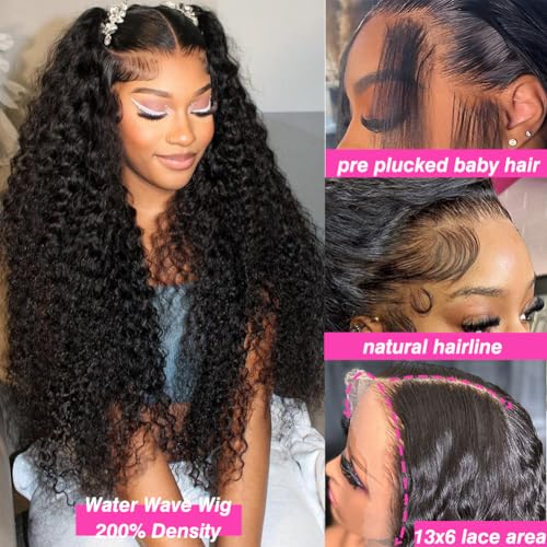 30 Inch Water Wave 13x6 HD Lace Front Wigs Human Hair Pre Plucked 200 Density Deep Part Curly Wig for Women with Baby Hair Water Wave Frontal Wigs Human Hair