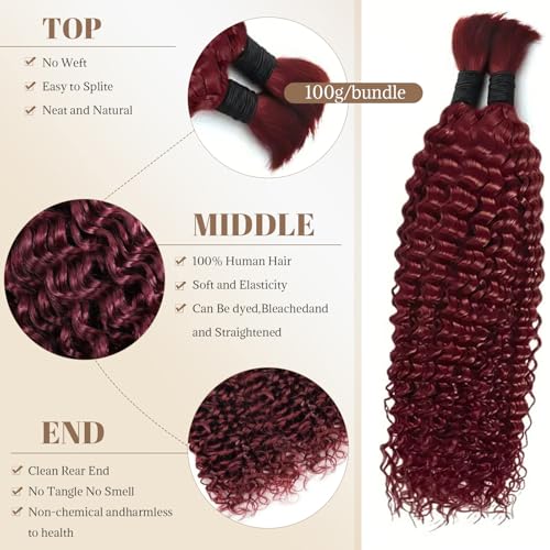 99J Human Braiding Hair 30 Inch Deep Curly Bulk Human Hair for Braiding 2 Bundles 100G No Weft Brazilian Virgin Water Wave Bohemian Braiding Hair Extensions for Boho Knotless Braids 99J Burgundy Micro