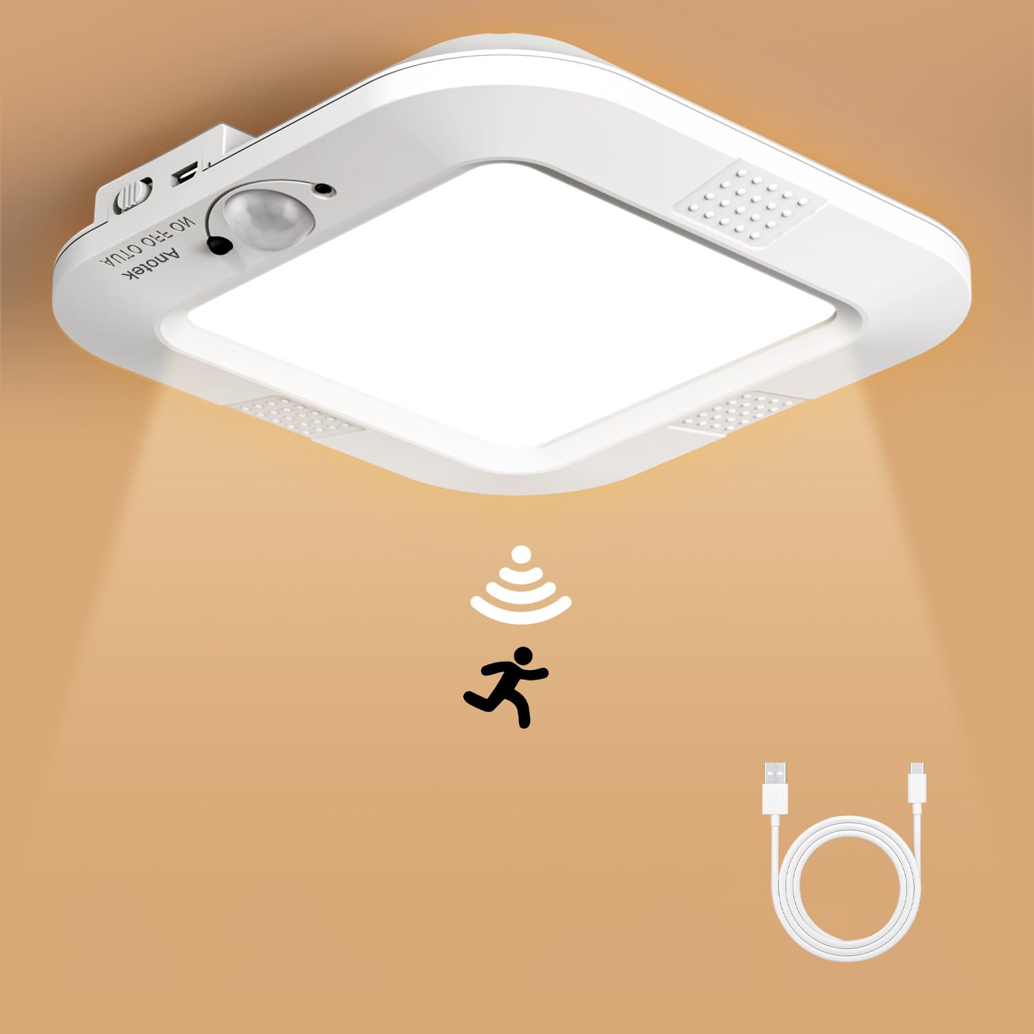 ANOTEK Rechargeable Motion Sensor Ceiling Light, 220LM 6000K Closet Light with USB Cable, 2000mAh Wireless LED Light for Stairway, Hallway, Pantry, Shower, Shed