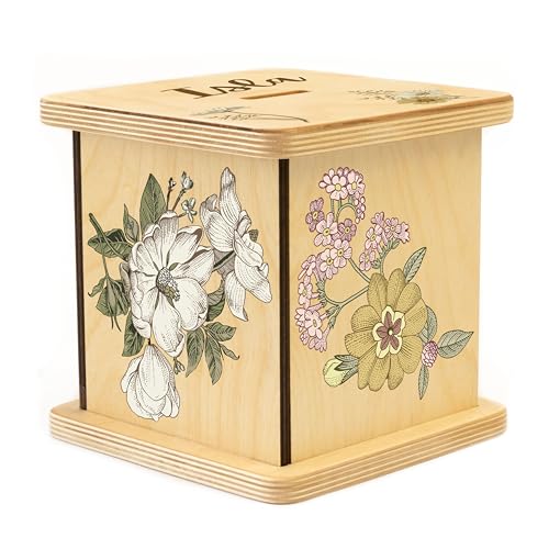 Wooden Piggy Bank for Kids and Adults, Personalized Gift Handmade in USA by BloomOwl, Custom Piggy Bank, Personalized Banks for Kids, Gifts for Baby Boys and Girls (Floral- Vintage)