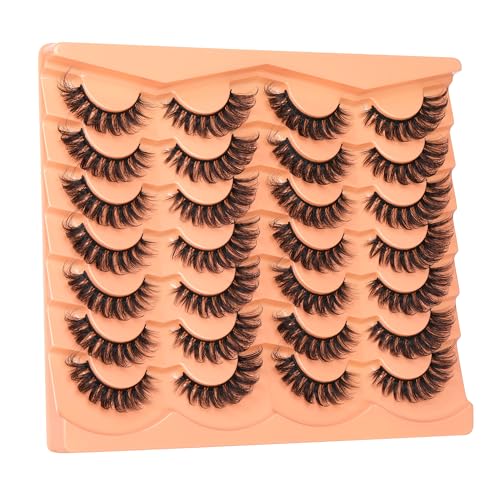 JIMIRE False Eyelashes 14 Pairs Cat Eye Lashes Wispy Fluffy D Curl Strip Natural Lashes Look Like Eyelash Extension 16MM Wispy Faux Mink Fake Lashes Pack