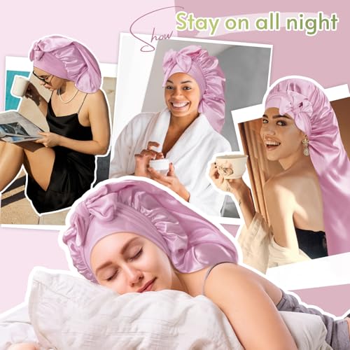 BONNET QUEEN Braid Bonnet Silk Bonnet Foldable Extra Long Bonnet for Braids Satin Bonnet for Sleeping Hair Bonnet with Tie Band Long Sleep Cap Light Rose Gold
