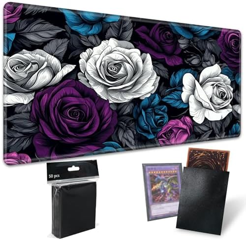 Playmats for Magic: The Gathering MTG Card Game Mat Plus 50 Pcs Card Sleeves, 24 x 14 inch TCG Mat with Stitched Edge for Commander Deck Duskmourn Board Game, Blue White Purple Roses