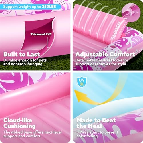 SLOOSH Inflatable Tanning Pool Lounger Float, 70" x 46" Pool Floats Adult with Pillow, 4 in 1 Suntan Tub Raft Floatie,Sunbathing Bed Lounge for Water Blow Up Kids Ball Pit Party Gifts, L-Hot Pink
