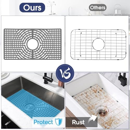 Silicone Sink Protector 30"x16" Center Hole, Heat Resistant Non-slip Dishwasher Suitable, Large Sink Mat for Bottom of Farmhouse Kitchen Stainless Steel Sink