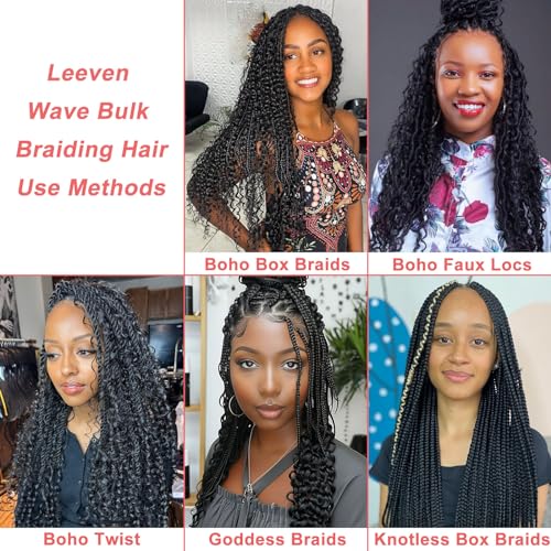 Leeven 20 Inch Water Wave Braiding Hair for Boho Braids Bulk Human Hair Mixed Synthetic Hair 180g Natural Black No Weft Wet and Wavy Curly Hair Bundle for Goddess Braids Twists (2 Bundles, 1B)