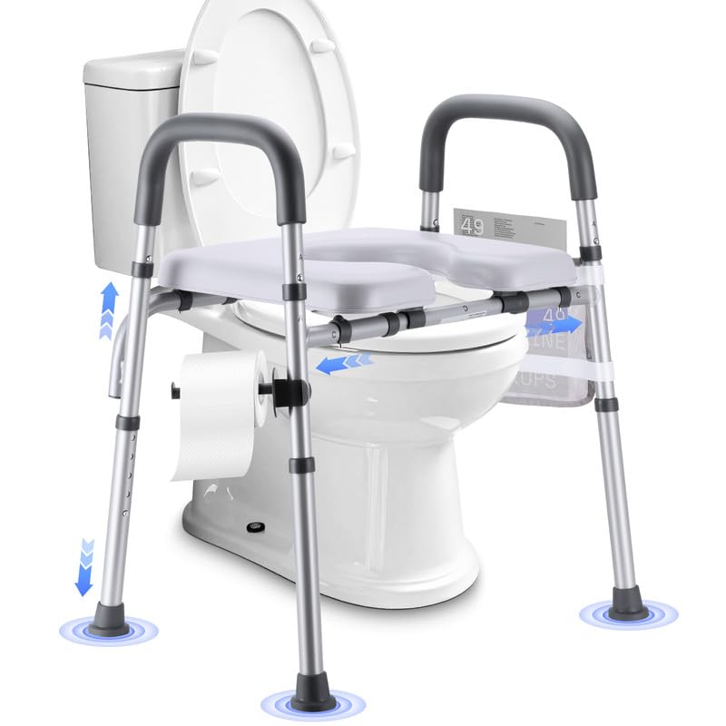 Raised Toilet Seat with Handles, Toilet Seat Riser for Seniors with Adjustable Height & Width, Cozy Padded 500lb Handicap Toilet Seat for Elderly, Surgery, Pregnant, Fit Any Toilet, Assist Getting Up