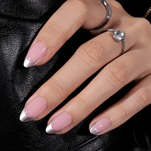 French Tip Press On Nails - BTArtbox 30 PCS Almond Fake Nails, Fit Perfectly & Natural Reusable Silver Outline Soft Gel Nails with Nail Glue and Jelly Glue in 16 Sizes, Rock Me