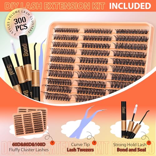 JIMIRE 300Pcs Lash Extension Kit 60D+80D+100D Thick Mink Eyelash Extension Kit with Lash Bond and Seal and Tweezers Fluffy D Curl 10-18MM Lash Clusters Kit DIY Individual Lashes Beginners Friendly