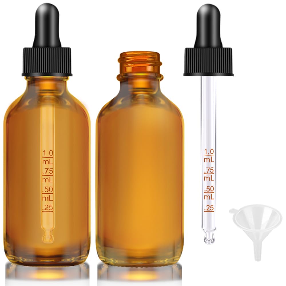 2 Pack Dropper Bottles 2 OZ, Amber Glass Bottle with Graduated Dropper
