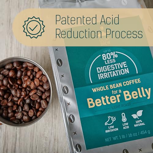 Glorybrew Low Acid Whole Bean Coffee 1 lb I Light Roast Coffee Beans I For Sensitive Stomachs - Less Irritation I Unique Screw Cap for Fresh Coffee I 100% Natural