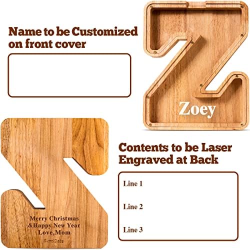 Customized Name Large Wooden Piggy Bank for Kids Boys Girls Alphabets Letter A-Z Coins Bills Money Change Bank Box Initial on Clear Cover (Laser Engraved) (Alphabet-Z, Personalized-9")