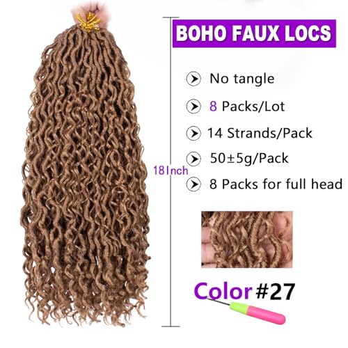 ZRQ 27 Goddess Locs Crochet Hair 18 Inch Boho Faux Locs Crochet Braids, 8 Packs Honey Blonde River Locs With Curly End For Women Hair Extension 27#