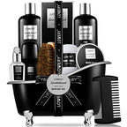 Valentines Beard Kit and Body Care Gifts for Men, Sandalwood Spa Gift Baskets, Mens Bath and Beard Grooming Kitf or Him, Unique Birthday Gifts for Him with Beard Balm, Growth Oil, Deodorant and More