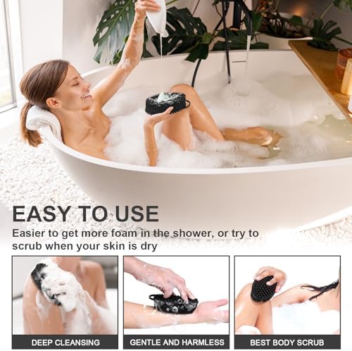Metene 2 Pack Silicone Exfoliating Body Scrubber with Loop, Body Scrubber for Men and Women, Silicone Loofah for Shower, Soft Silicone Body Scrubber for Shower and Bath Skincare Routine(Black)