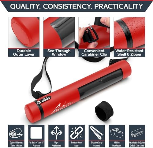 Quiver Time Red XL Orion Playmat Tube - TCG MtG Playmat Tube Case Bag with Waterproof Zipper, Hidden Dice Pocket, Adjustable Removable Shoulder Strap, See-Through Window, Fits 14" and 15" playmats