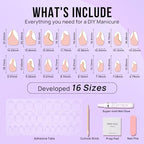 BTArtbox Press On Nails Almond - Designed White French Tip Press On Nails Short with Gold Foil, Glue On Nails for Winter Day Gifts, Stick On Nails in 16 Sizes - 30 Nail Kit, Tiny Gloden