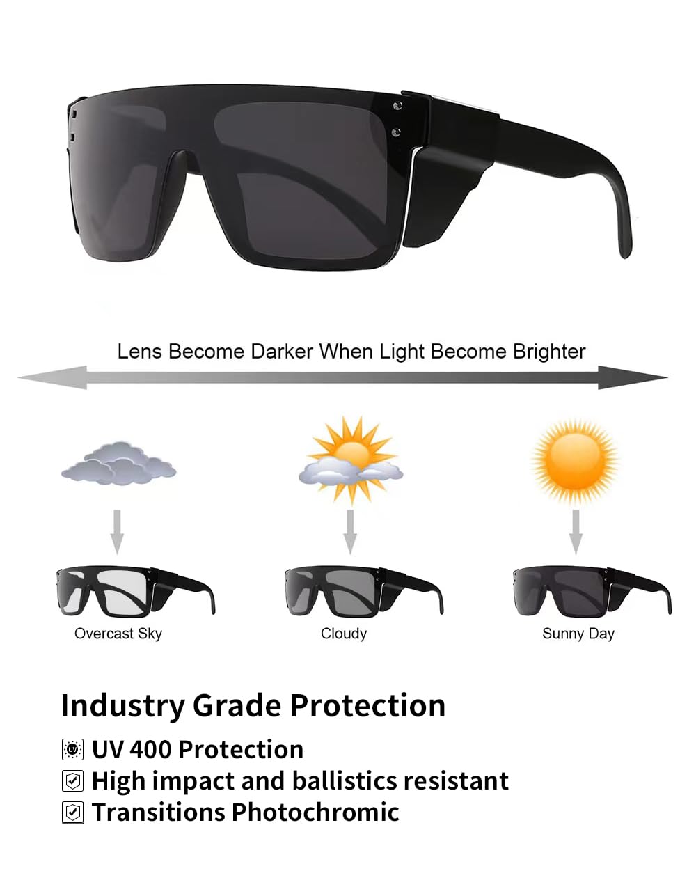 BINGKING UV400Transition Photochromic Safety Glases Light to Dark Grey Lenses ANSI Z87 Impact Approved Wraparound Style Frame (Black)