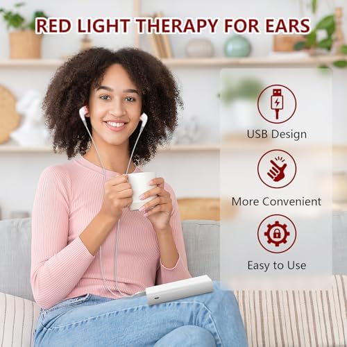 Red Light Therapy for Ears, USB Red Light Therapy for Ears, 650NM Red Light Ear Therapy Device with Two Pairs of Ear Canal Silicone