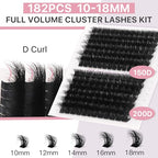 Fluffy Lash Extension Kit 182Pcs Thick Eyelash Extension Kit 10-18mm Volume Cluster Lashes Set with Bond and Seal Tweezers Cluster Remover (150D&200D Kit)