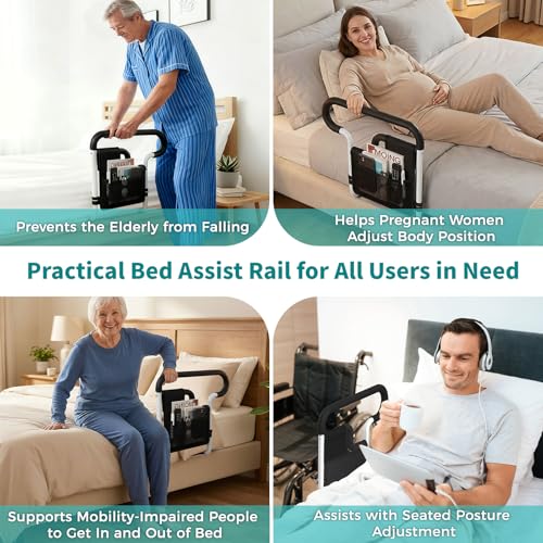 Bed Rails for Elderly Adults Safety, Height and Length Adjustable Bed Assist Rail for Senior, Bedrail with 2 Bag & Strap, Help Get in & Out of Bed, Fit Most Bed, Supports 300 lbs, Tool-Free