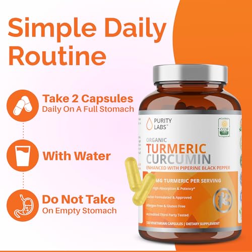 Organic Turmeric Curcumin Capsules with Black Pepper & Organic Ginger, 95% Curcuminoids, High Potency Turmeric Supplement for Joint Support & Inflammation, 120 Vegetarian Capsules
