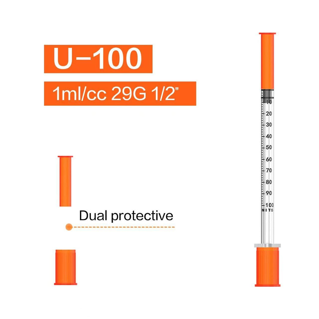U-100 Syringes with Needle 1ml/cc 29G 1/2'' Disposable Syringe, Individual Wrapped, 100 PACK