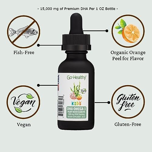 Go Healthy DHA Omega 3 Drops for Kids, Toddlers & Infants - Vegan Fish Oil Alternative - Supports Brain & Eye Development, Just 3 Ingredients, Organic Orange Flavor, 30-60 Servings