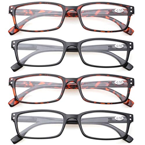 Kerecsen READING GLASSES 4 Pack Spring Hinge Comfort Readers Plastic Includes Sun Readers (2 Black 2 Tortoise, 6.00)
