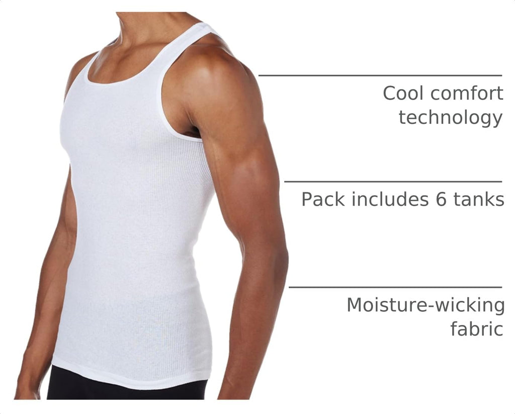 Hanes Men's Cotton Tank Undershirts Pack, Moisture-Wicking Ribbed Tanks, lightweight, White 6-pack, Medium