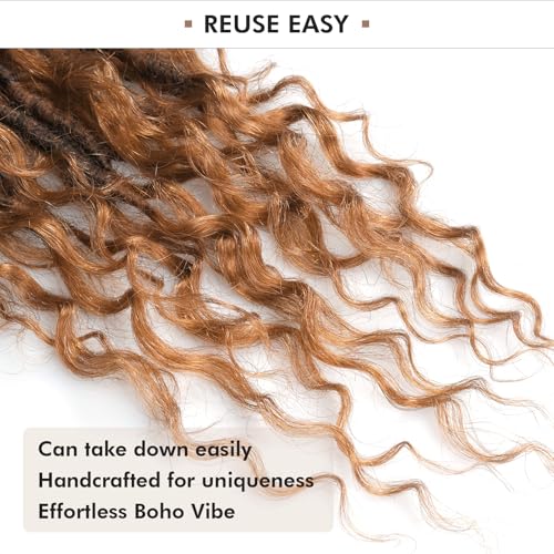 ToyoTress Boho Croceht Locs With Human Hair Curls - 16 Inch 8 Packs Ombre Brown Handmade Pre-Looped Crochet Braids For Black Women Human Hair, Butterfly Faux Locs (16 Inch, T30-8P)