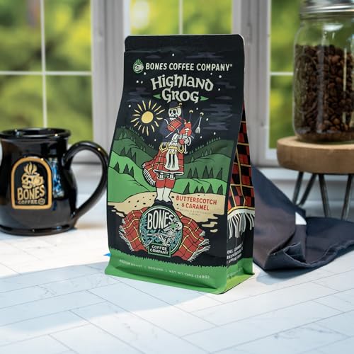 Bones Coffee Company Highland Grog Flavored Coffee Beans, Medium Roast Ground Coffee Low Acid, Butterscotch Caramel Flavor (12 oz)